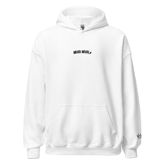 ein weißes Kapuzen-Sweatshirt mit den Wörtern weißes Material darauf